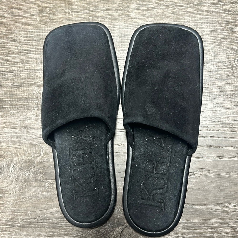 KHAITE Black Suede Slide Sandals 0558